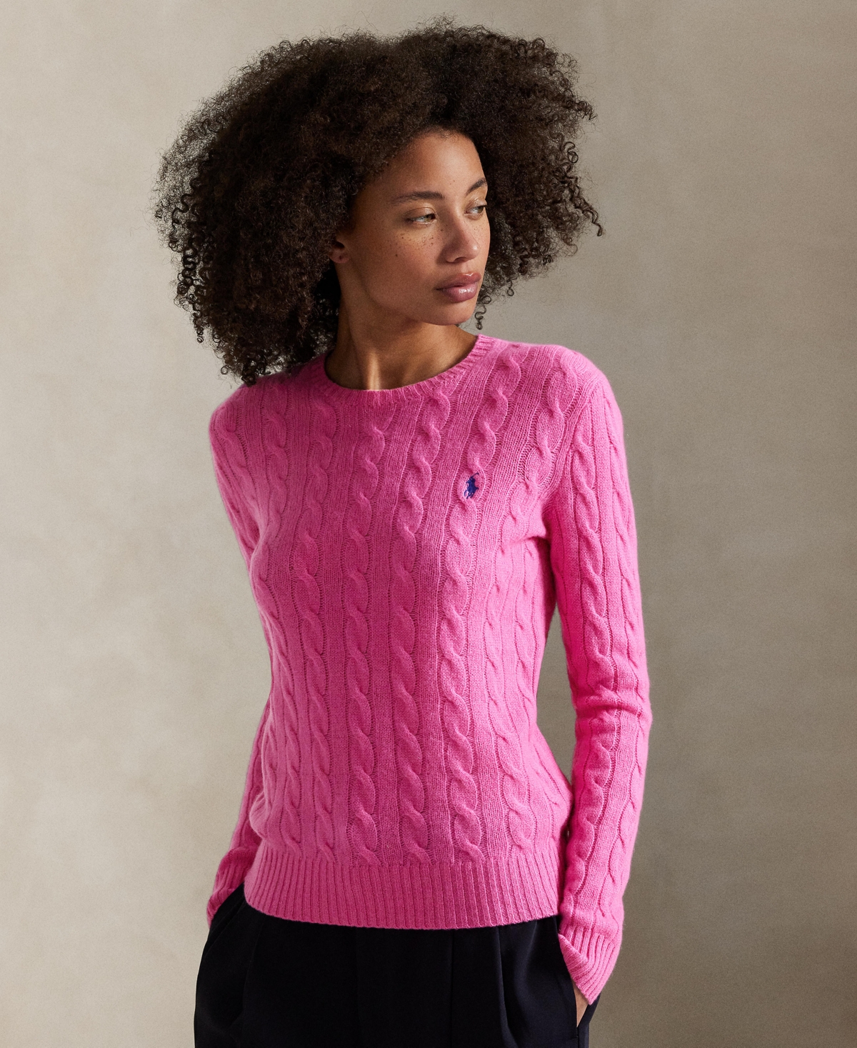 Women's Cable Wool-Cashmere Crewneck Sweater - Pink Lace