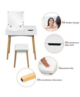 Wooden Vanity Table with Flip Top Mirror and Cushioned Stool