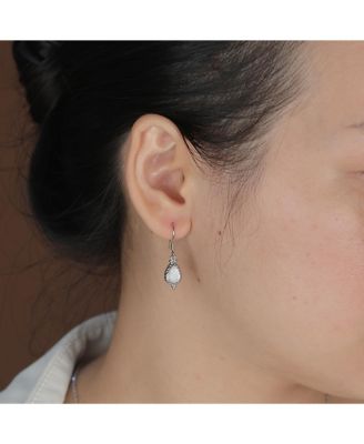 Antique Cable Milgrain Cameo Style Teardrop Iridescent White Created Opal Drop Dangle Earrings .925 Sterling Silver French Wire