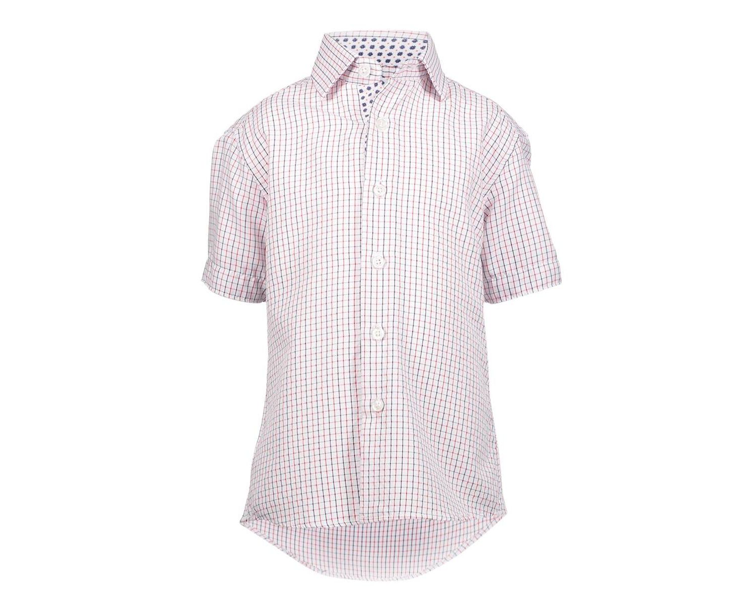 Little Boys Red Short Sleeve Navy Tattersal Slim Fit Shirt