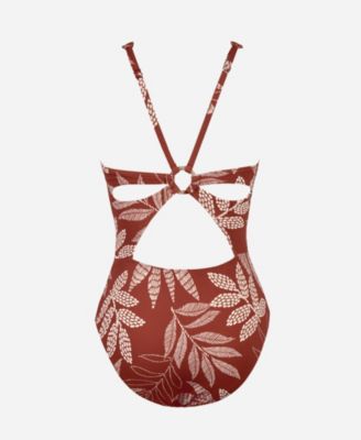 Women's Brick Red Botanical Prints Front Keyhole Gathered Back One-Piece Swimsuit