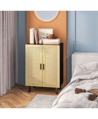 Sideboard Buffet Cabinet, Kitchen Cabinet, Coffee Bar Cabinet with 2 Rattan Doors and Adjustable Shelves, Black and Natural