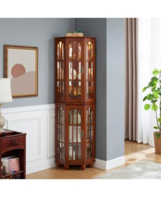 Corner Curio Cabinet with Adjustable Glass Shelves and Mirrored
