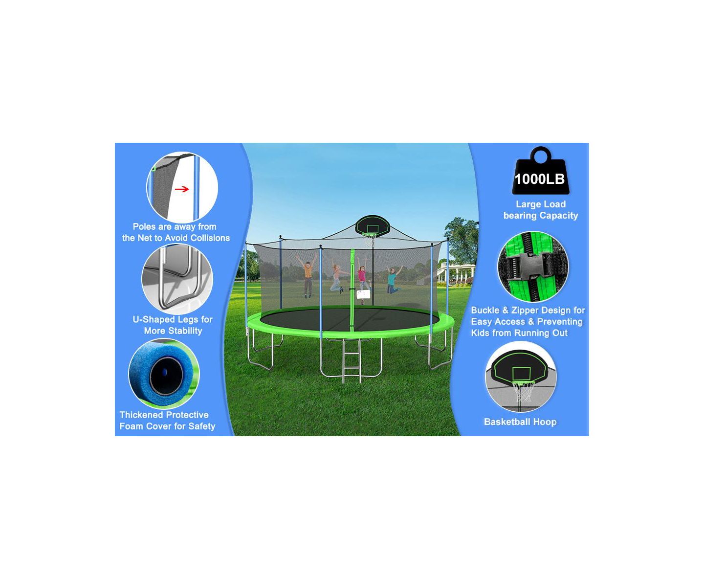 Детская игрушка Flynama 16FT Trampoline with Safety Enclosure Net, Basketball Hoop and Ladder, Large-Scale Trampoline for Kids/Adluts Family Jumping Outdoor Workout — фото 7