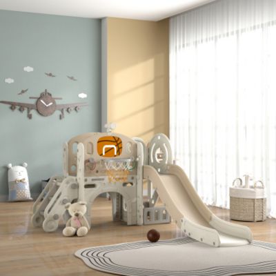 Qaba 7 in 1 Toddler Slide Playset Indoor Playground with Basketball Hoop Crawl Tunnel Cream White