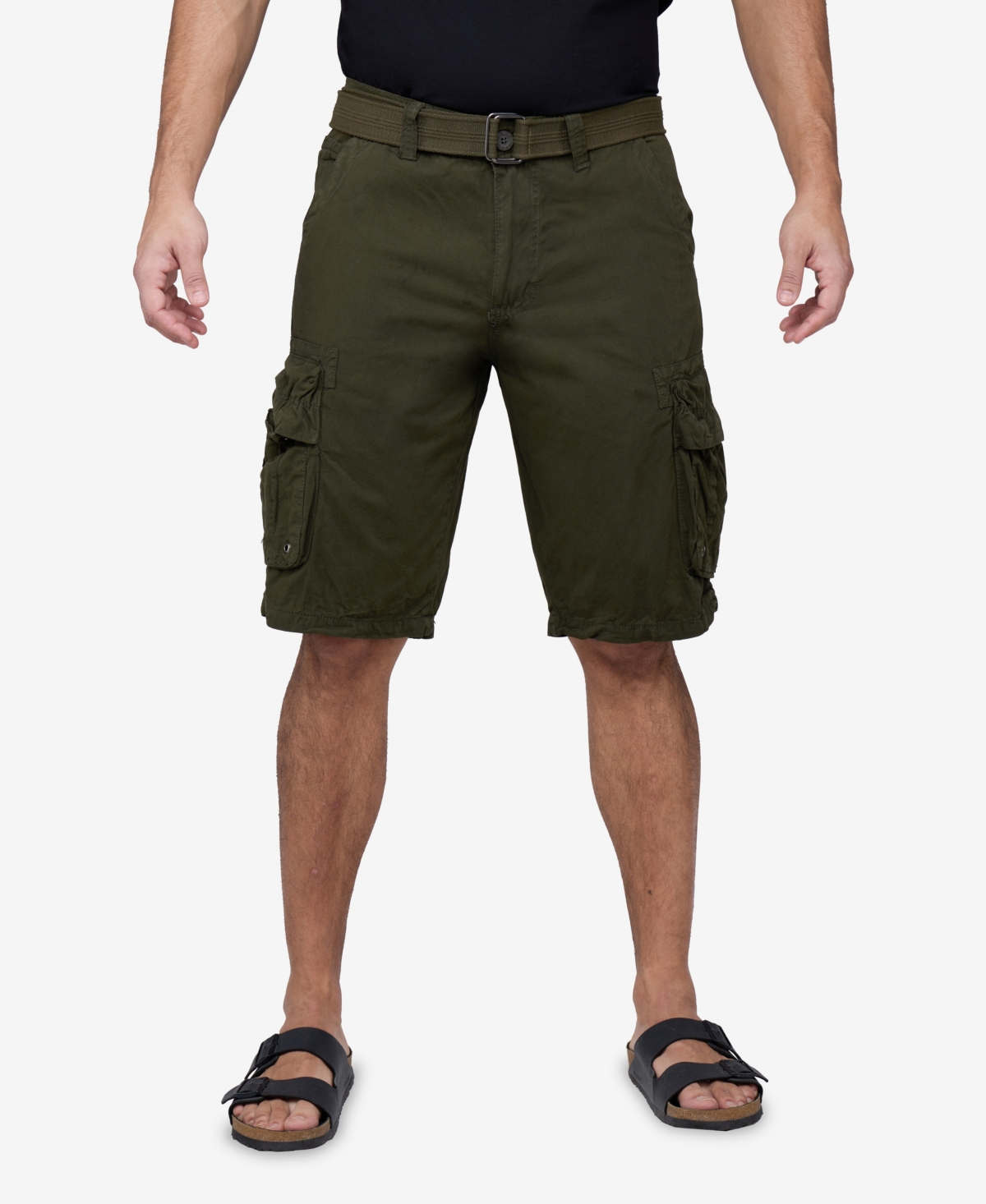 Men's Belted Double Pocket Cargo Shorts - Olive Camo