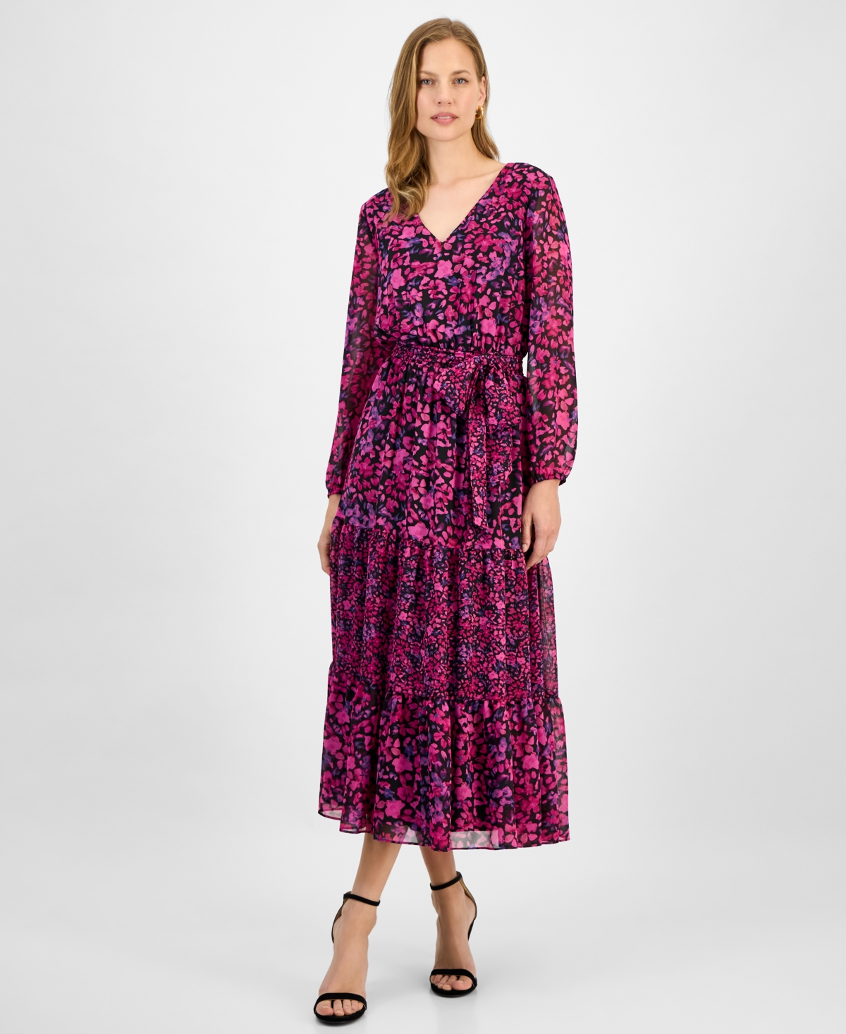 Women's Floral-Print Tiered Fit & Flare Dress - Black/cerise Multi