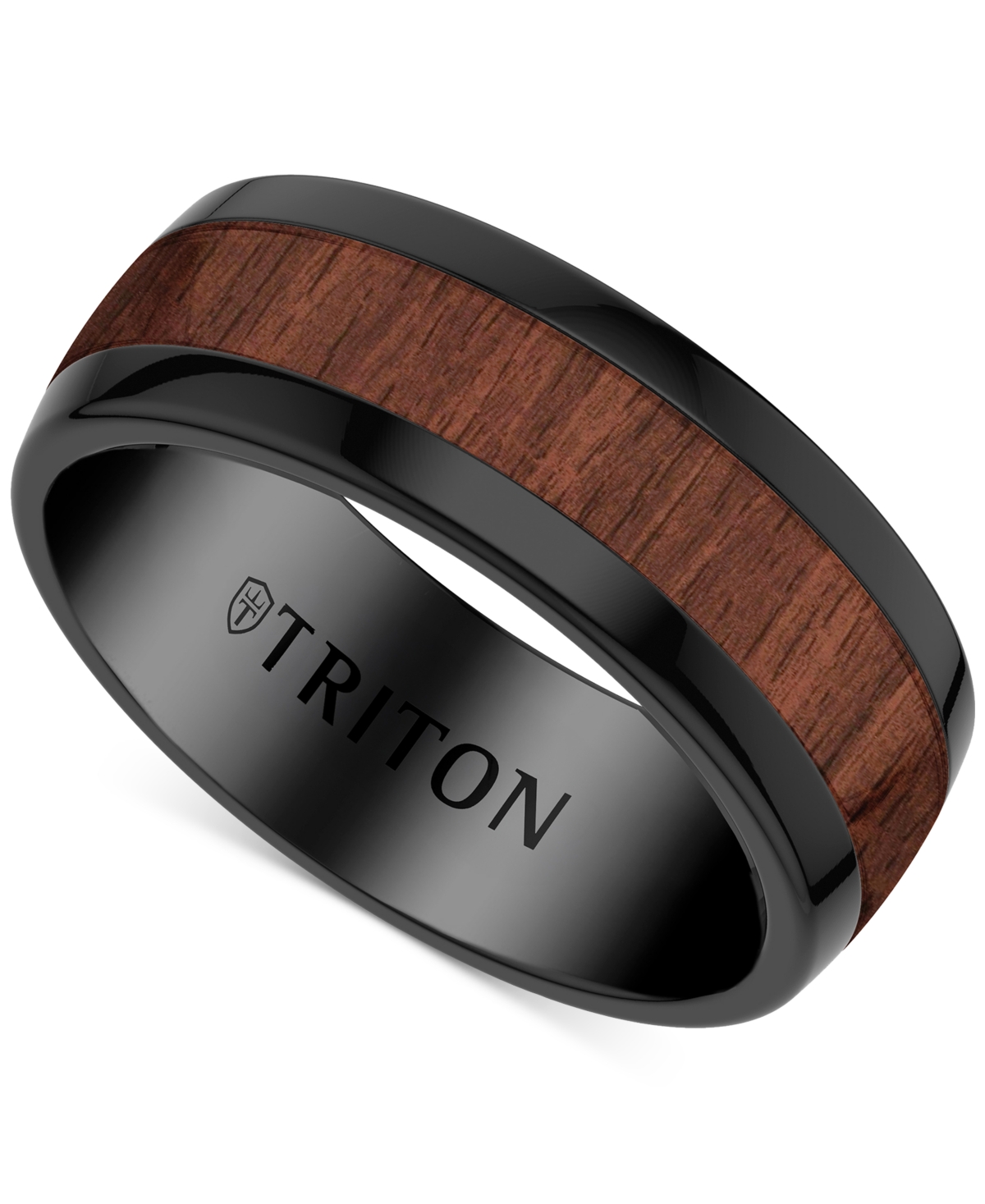 Triton Wood Insert Band Ring In Black Tungsten Carbide In Brown