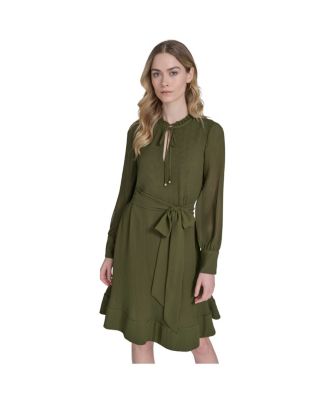 Women's Solid-Color Pleated Chiffon Tie-Belt Dress