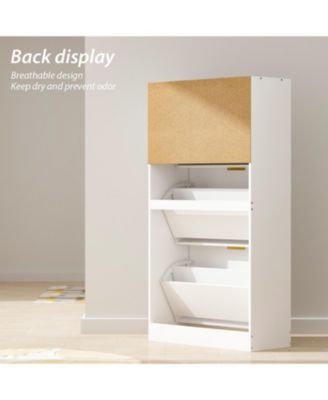 Wooden 3-door natural shoe cabinet,Mirror door panel, multi-purpose shoe rack with metal handles