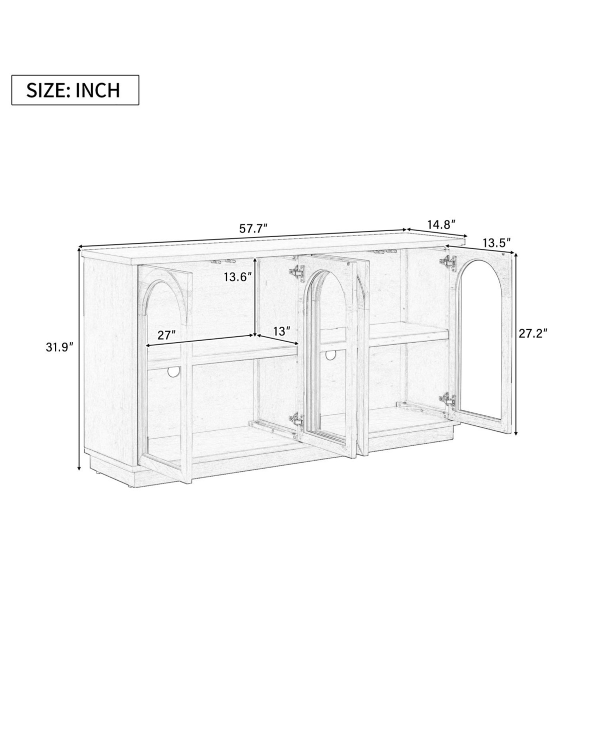 Large Storage Buffet Cabinet with Glass Doors (Pine)