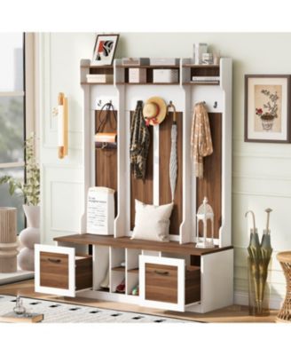 Entryway Hall Tree: Bench, Coat Rack, Drawers & Shelves