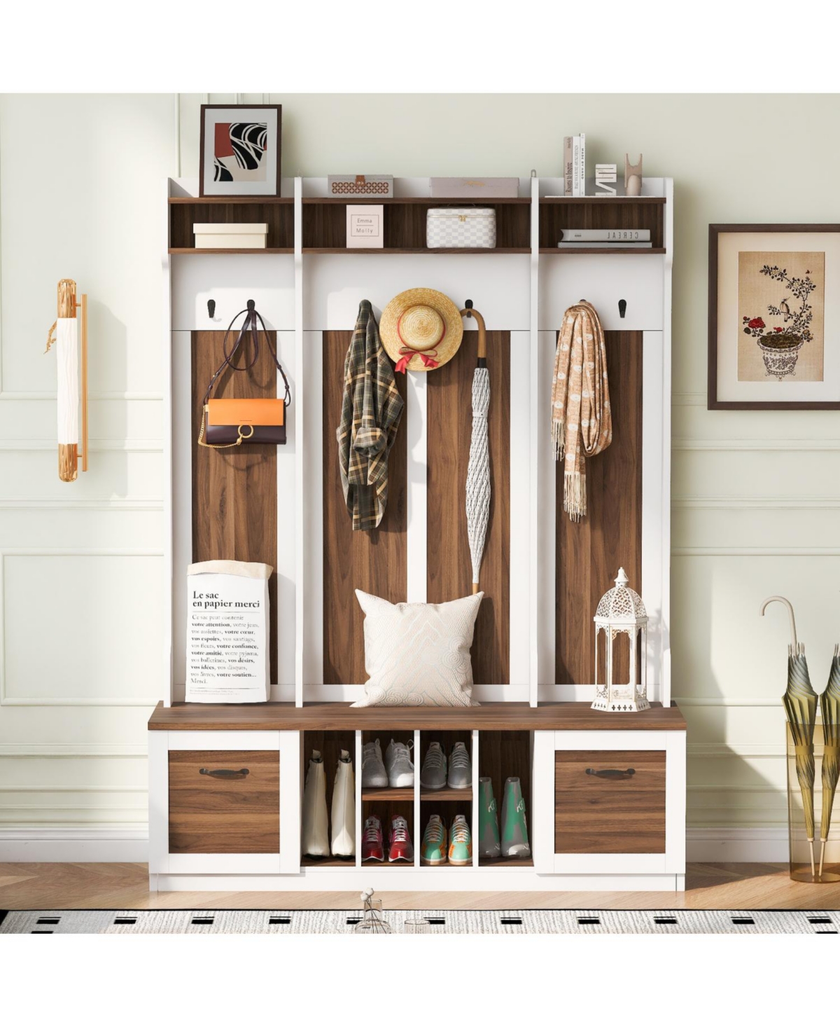 Entryway Hall Tree: Bench, Coat Rack, Drawers & Shelves - Brown+white