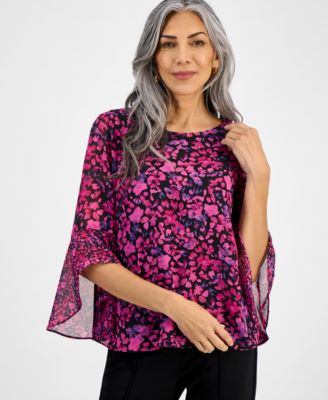 Kasper - Petite Floral-Print Bell-Sleeve Top