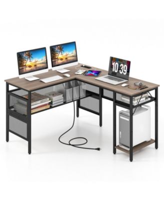 L-Shaped Computer Desk with Charging Station and Adjustable Shelf
