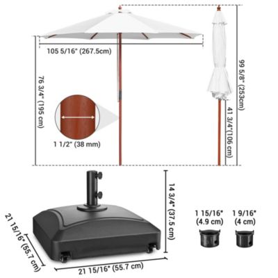 9ft Solid Wood Outdoor Patio Umbrella with Base Included Parasol Wheels Stand for Bistro Market Garden Deck Yard Poolside White