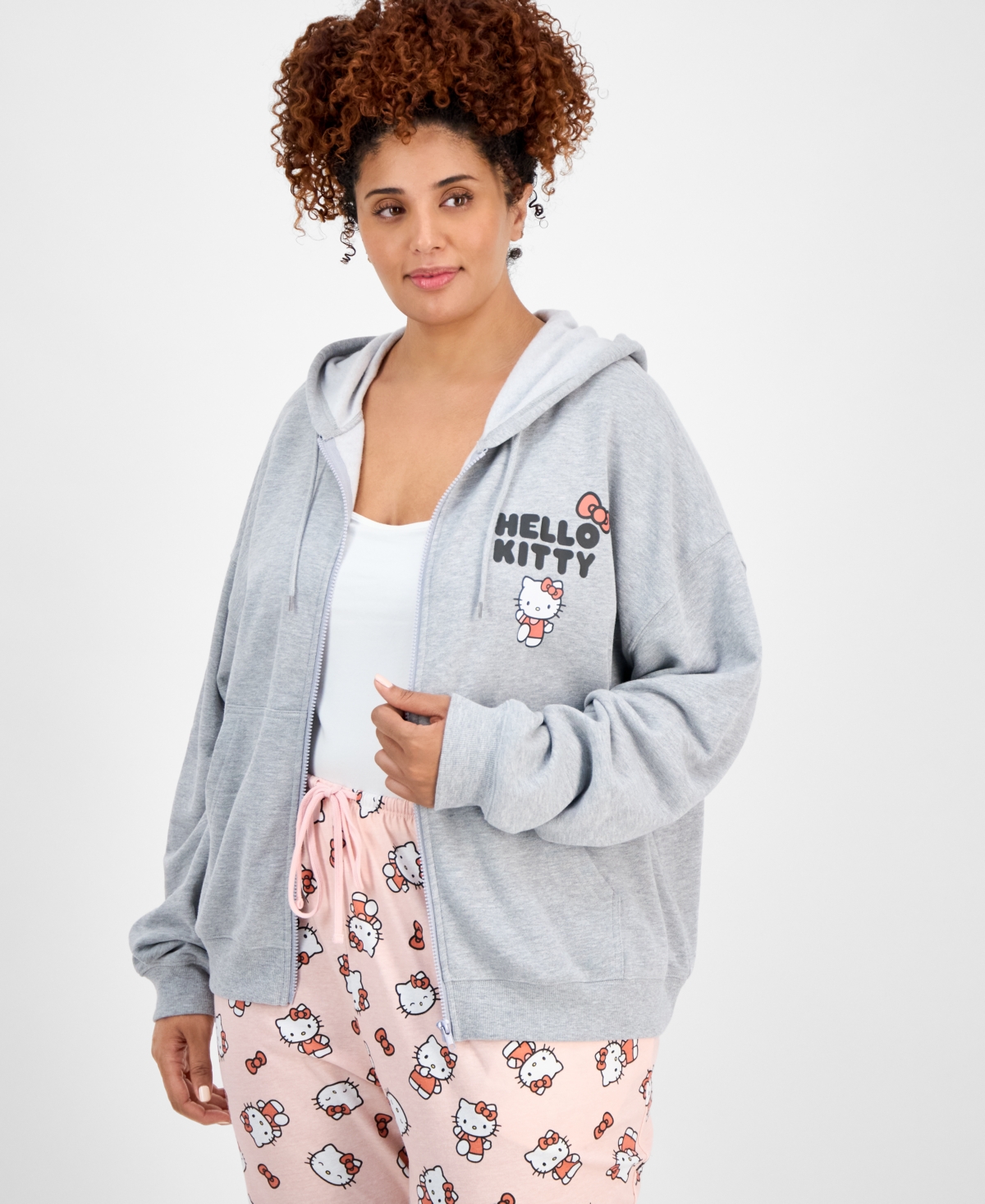 Trendy Plus Size Hello Kitty Bow Graphic Zip-Up Hoodie - Light Heather Gray