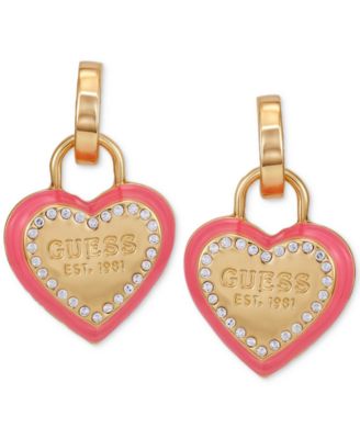 Gold-Tone Pink Heart Drop Hoop Earrings