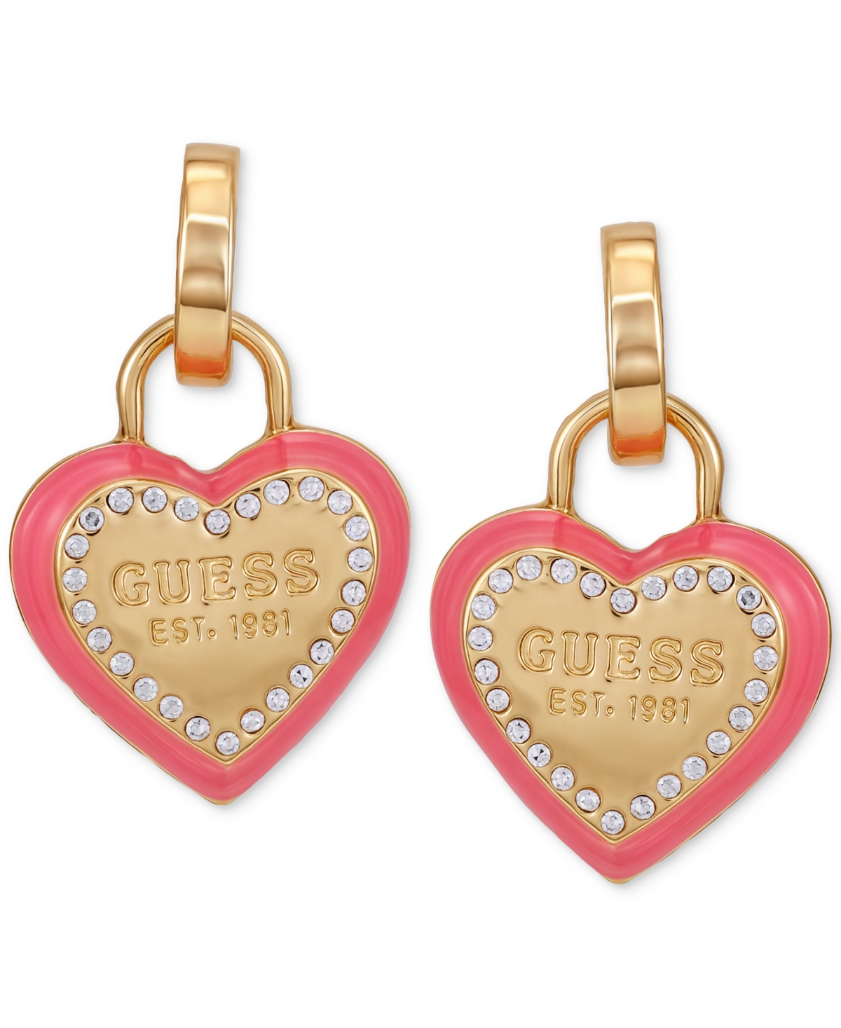 Guess Gold-tone Pink Heart Drop Hoop Earrings In Gold