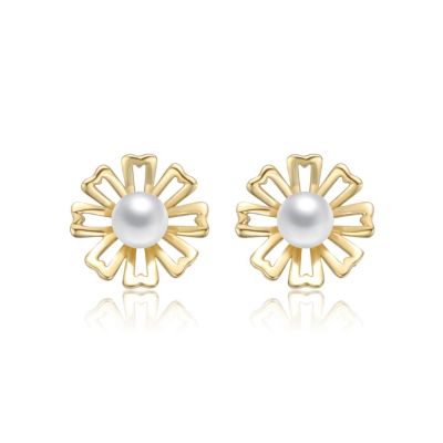 14K Gold Plated with White Pearl Flower Pearl Stud Earrings