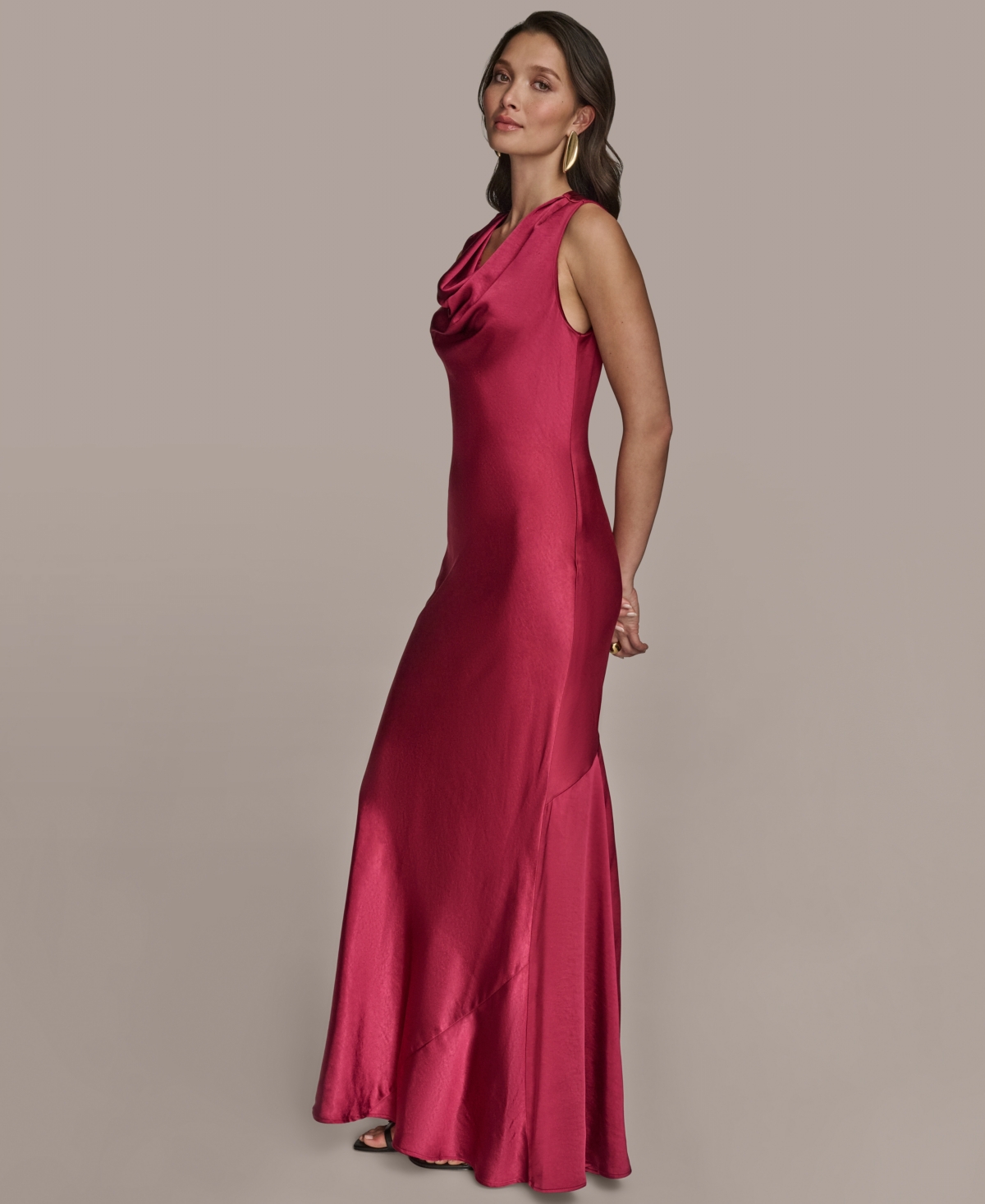 Donna Karan New York Cowl Neck Satin Cocktail Maxi Dress In Red