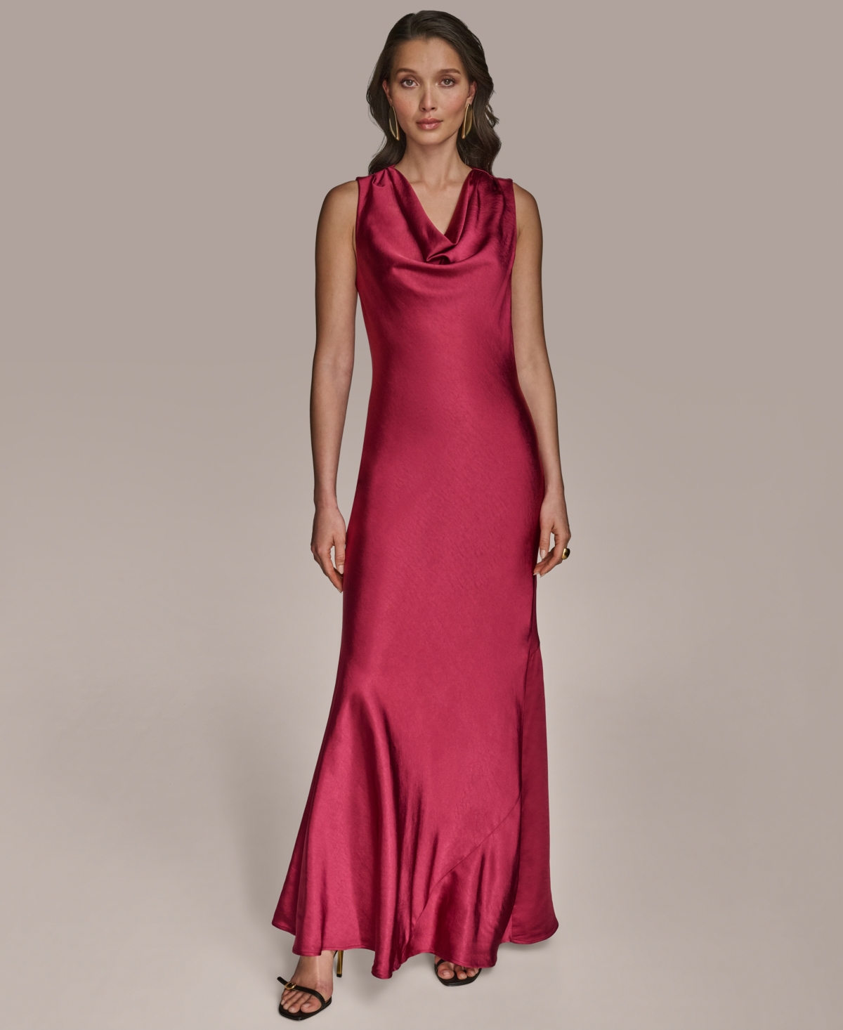 Donna Karan New York Cowl Neck Satin Cocktail Maxi Dress In Red