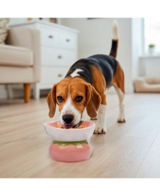 Strawberry Shaped Stoneware Elevated Pet Bowl, Raised Ceramic Food & Water Dish for Dogs and Cats