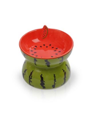 Watermelon Shaped Stoneware Elevated Pet Bowl, Raised Ceramic Food & Water Dish for Dogs and Cats