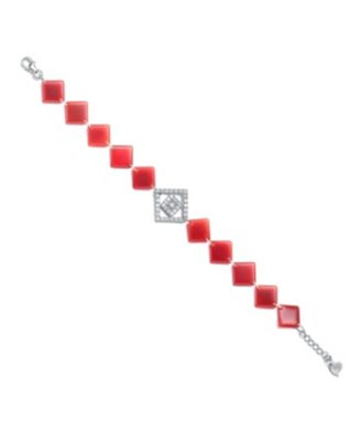 Sterling Silver White Gold Plated with Clear Cubic Zirconia Red Square Bracelet