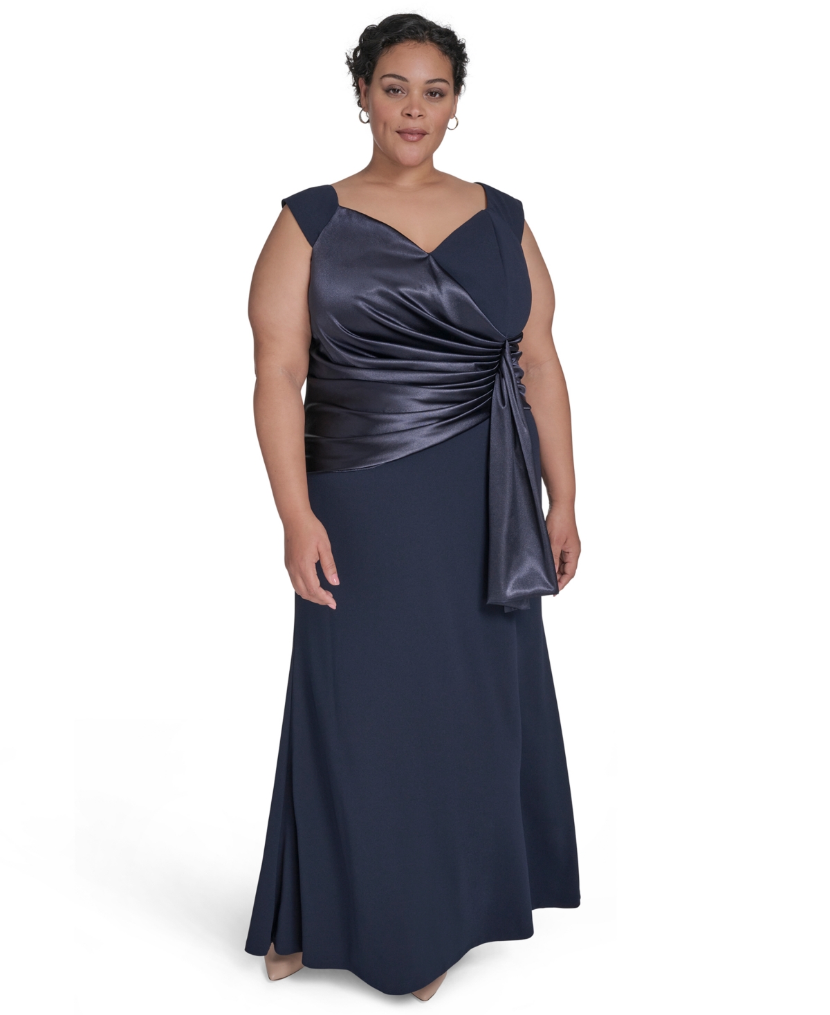 Plus Size Mixed-Media Scuba Crepe Sleeveless Gown - Navy