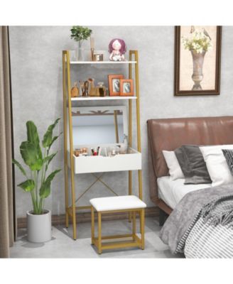 2Pc Powder-Coated Metal Frame Ladder Vanity Desk Set with Flip Top Mirror and Cushioned Stool