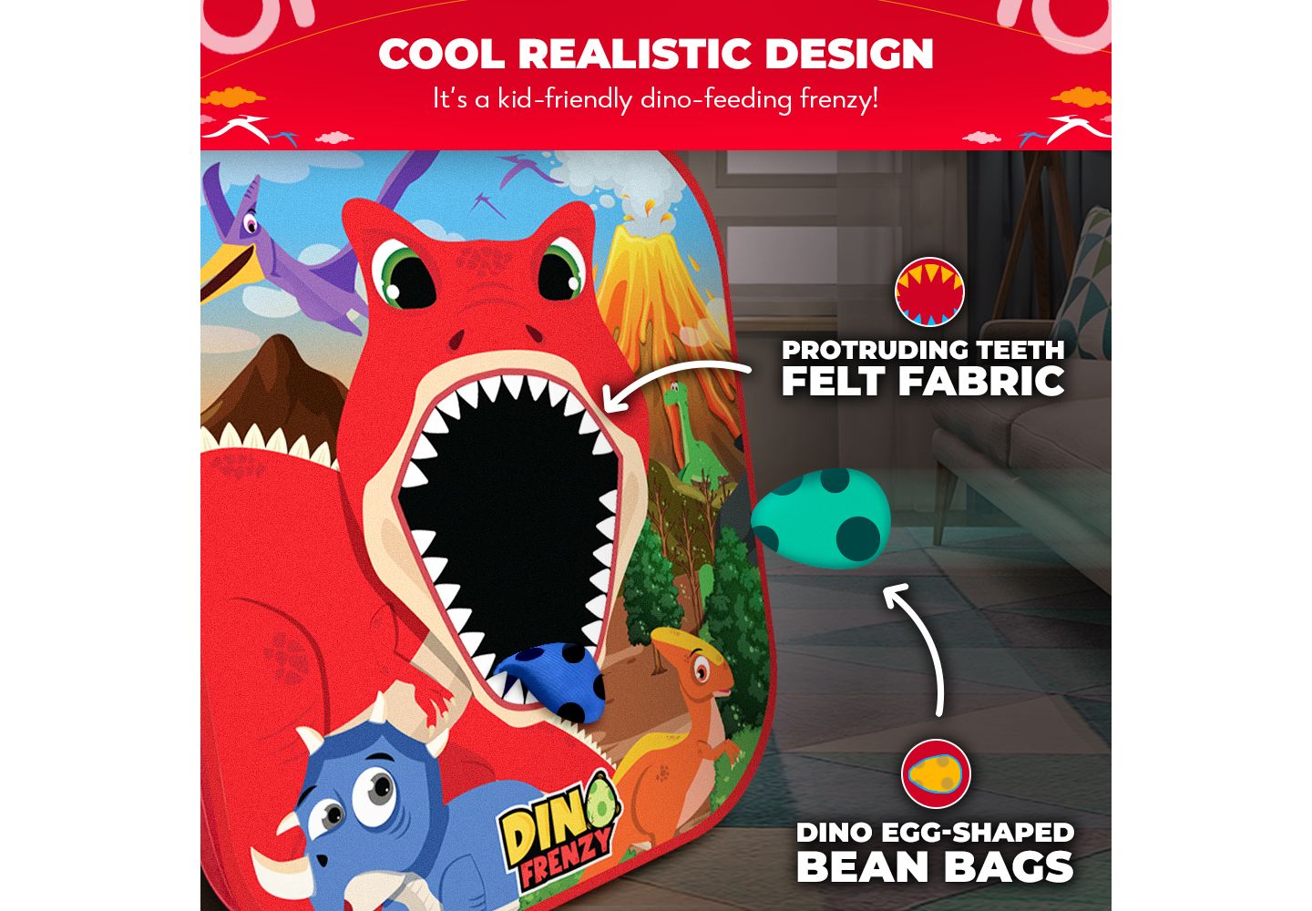 Детская игрушка SWOOC Dino Frenzy 2-in-1 Cornhole Game, 20" x 23", For 2-8 Players, Ages 3+ — фото 2