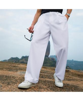 Men's Cream White Straight-Fit Ribbed Trousers