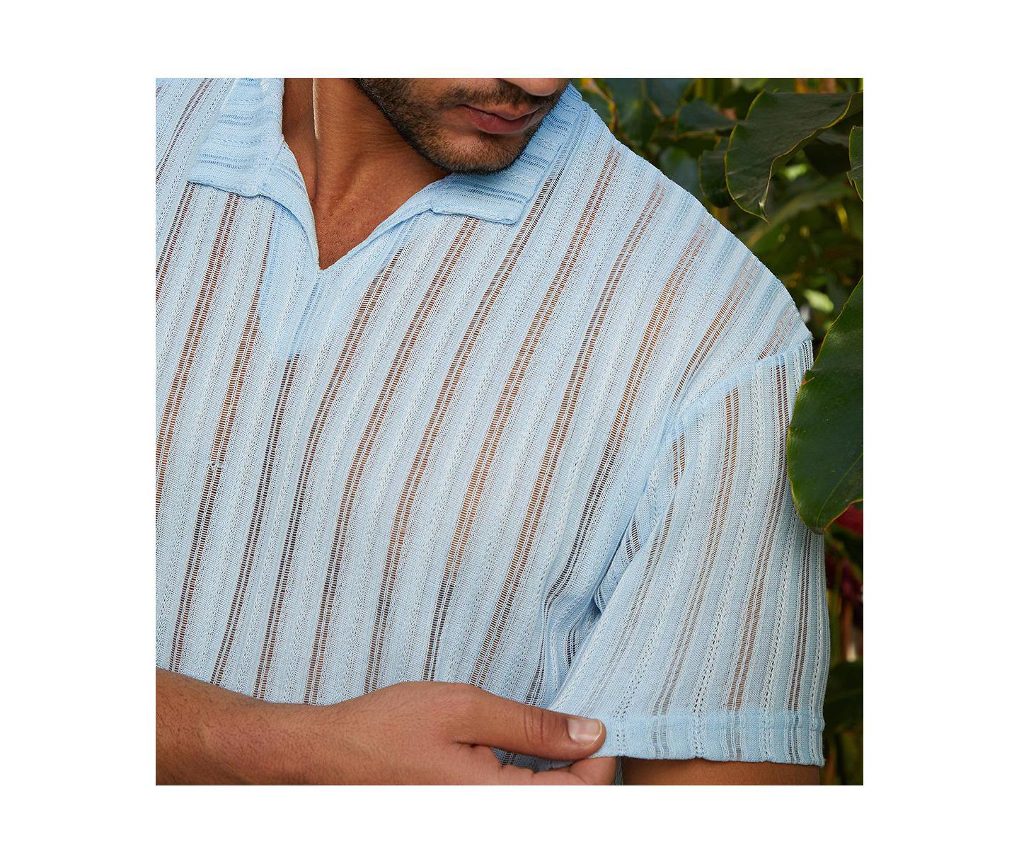 Мужские футболки Cahoot Campus Sutra Baby Blue Duo-Striped Relaxed Polo, цвет: Синий — фото 6