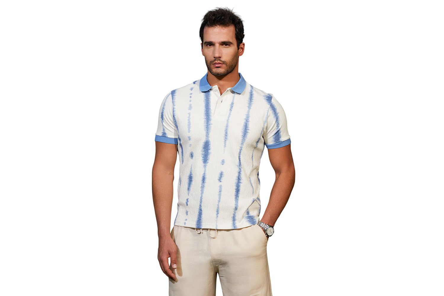 Men's Powder Blue and Daisy White Tie-Dye Tactile Polo T-Shirt