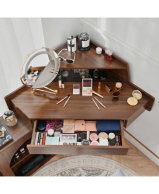 Walnut Corner Vanity Desk with Mirror & LED Lights