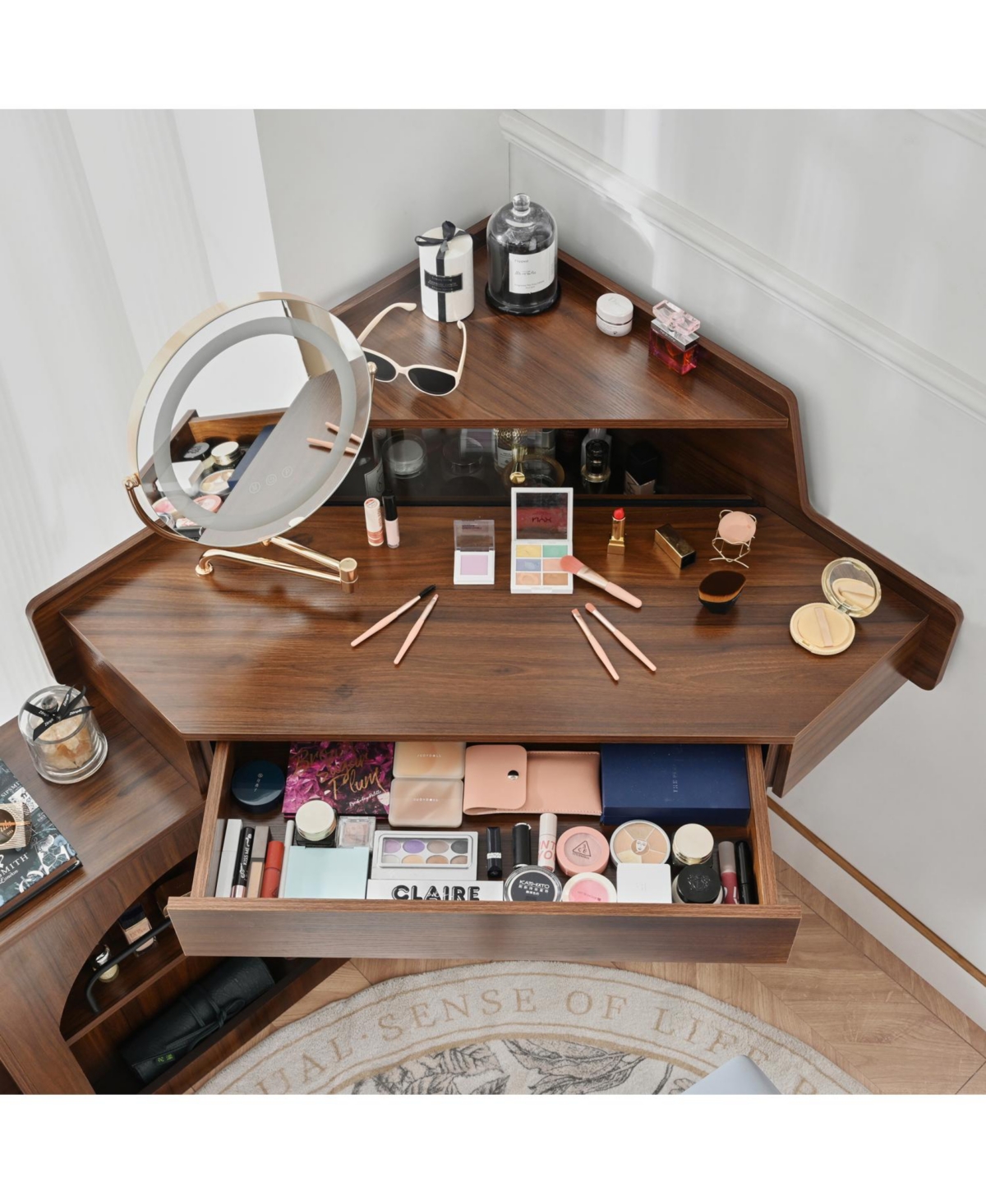 Walnut Corner Vanity Desk with Mirror & Led Lights