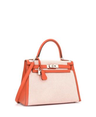 Pre-Owned Hermes Kelly 28 Handbag Quadrille Canvas and Orange Swift with Palladium Hardware
