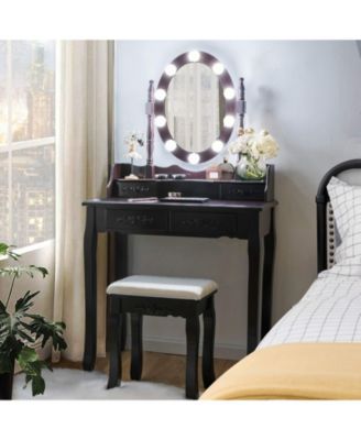 2-Pc. Wood Touch-Switch Lighted Mirror Makeup Dressing Table Set with Cushioned Stool