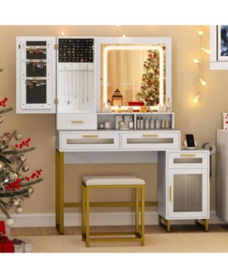 Makeup Vanity Desk Dressing Table and Stool Set with Lighted Mirror