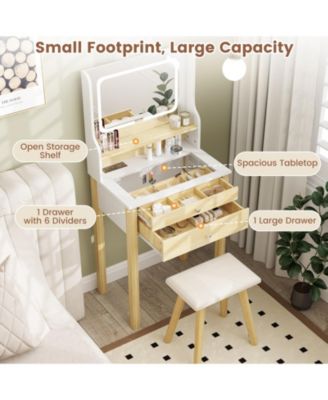 2Pc Adjustable LED Lighted Mirror and Power Outlets Small Vanity Desk Set