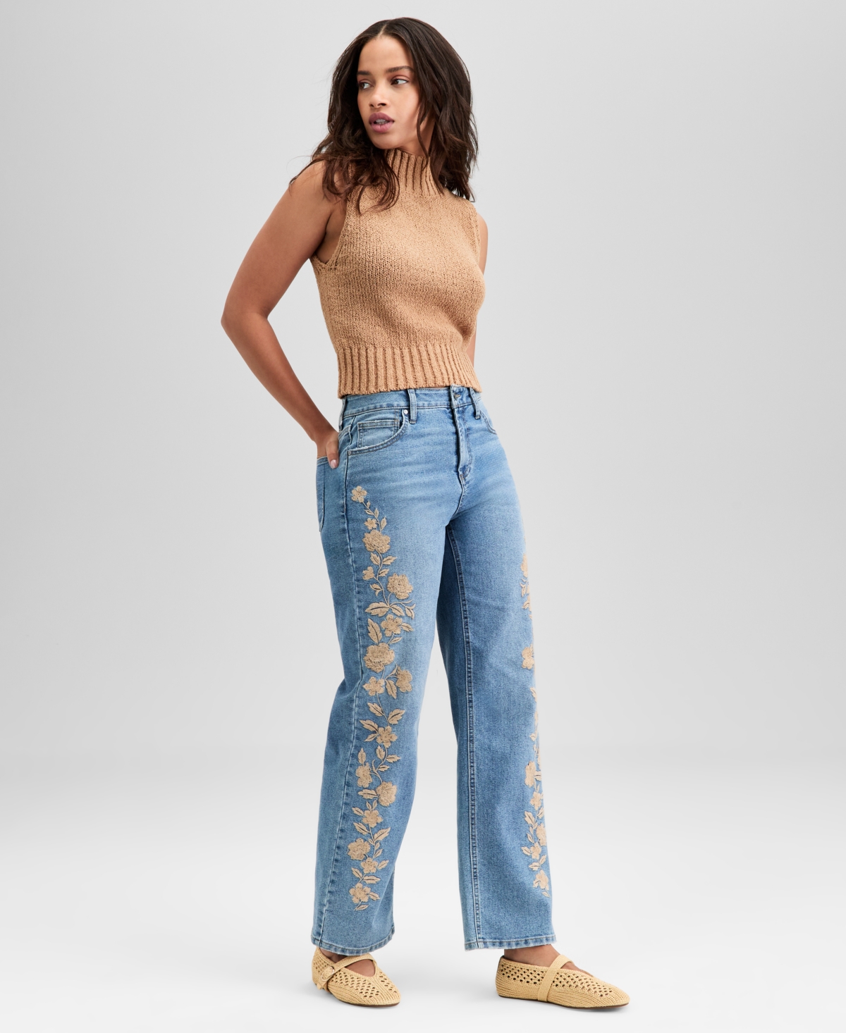 Women's Embroidered High Rise Straight-Leg Jeans, Exclusively at Macy's - Medium Wash