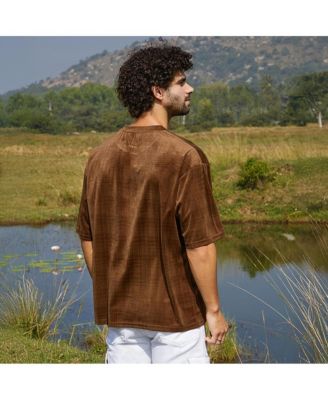 Men's Chocolate Brown Tartan-Plaid Oversized T-Shirt
