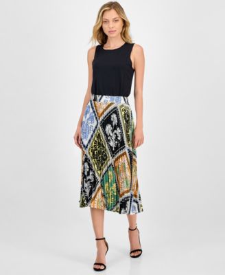 T Tahari - Women's Printed Pull-On Pleated Midi Skirt