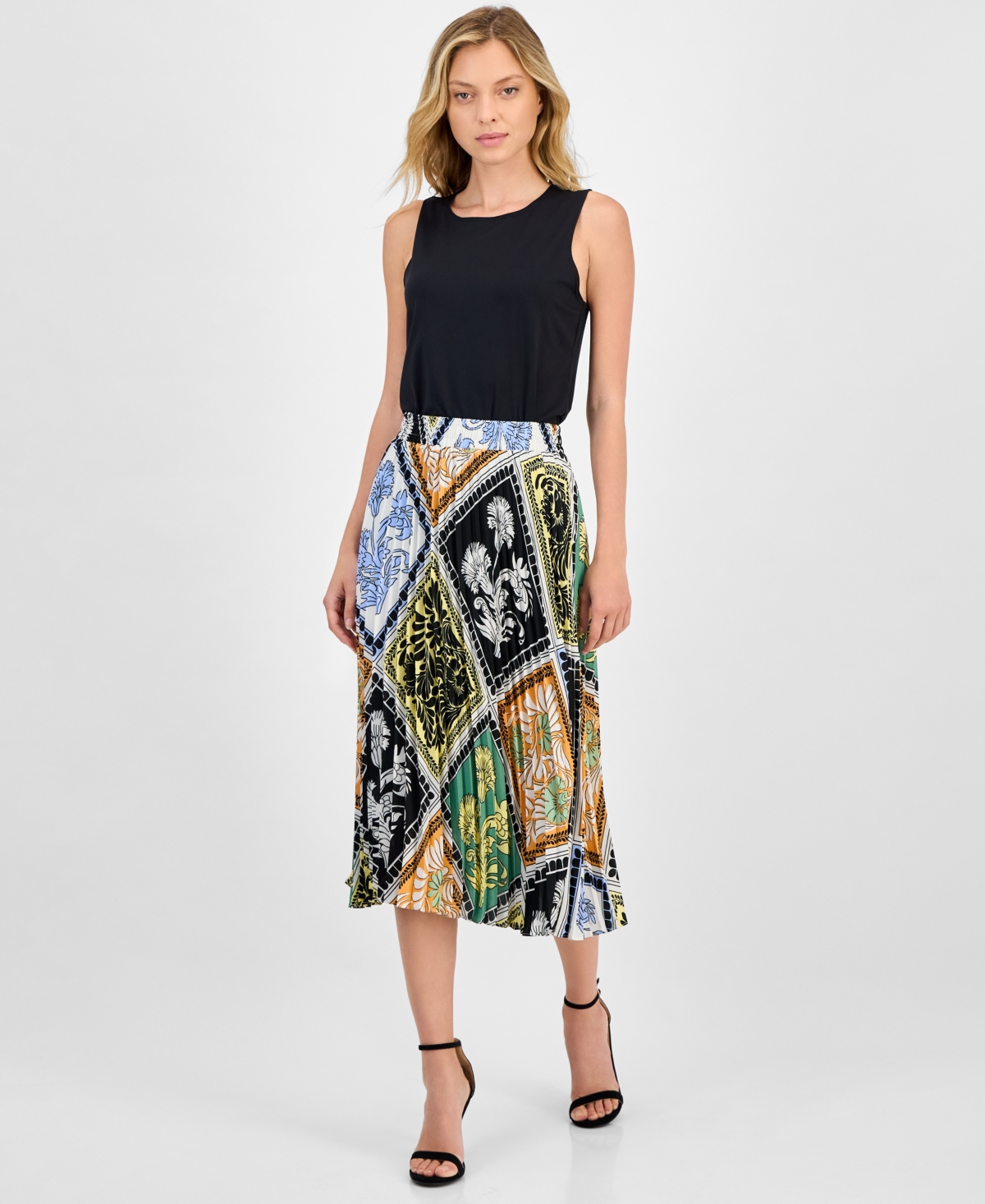 Women's Printed Pull-On Pleated Midi Skirt - Hillside Garden Print