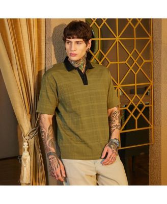Men's Olive Green & Onyx Black Contrast Grid Polo T-Shirt
