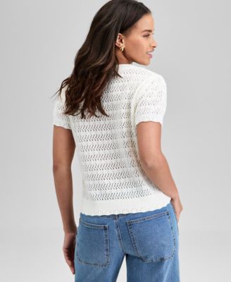 Women's Crewneck Pointelle Short-Sleeve Sweater, Exclusively at Macy's 