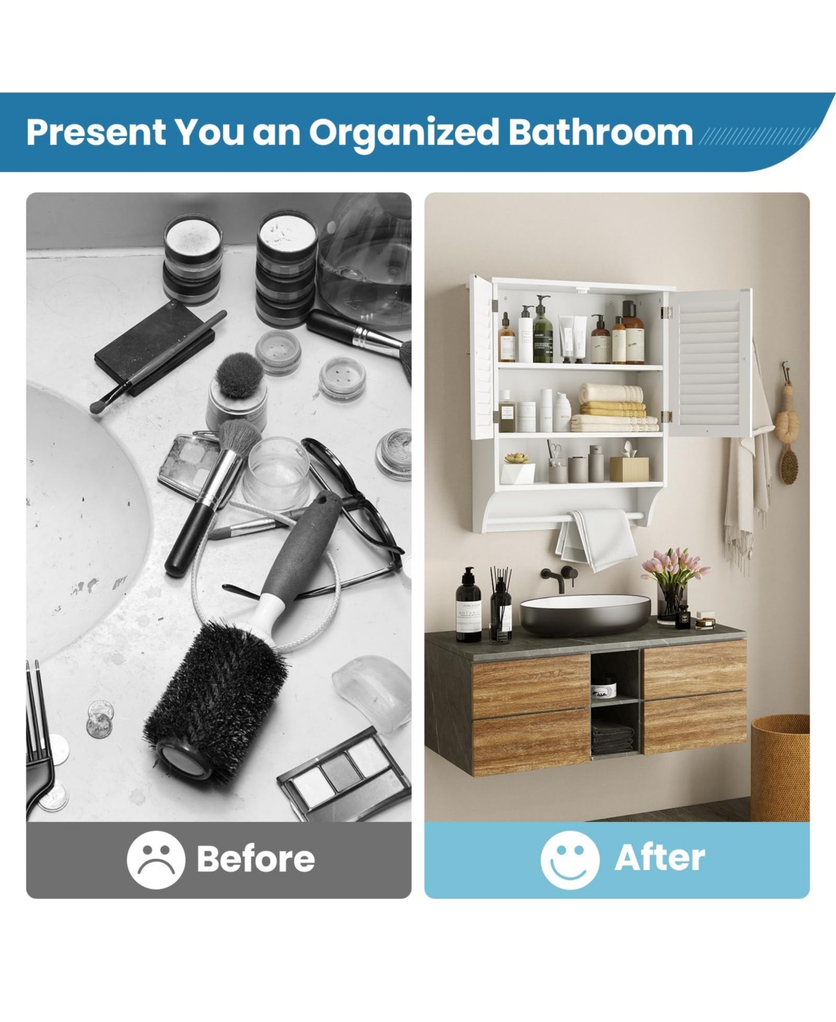 2-Doors Bathroom Wall-Mounted Medicine Cabinet with Towel Bar