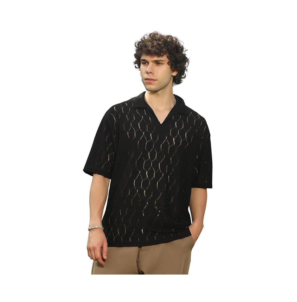 Men's Onyx Black Honeycomb-Knit Polo T-Shirt - Black