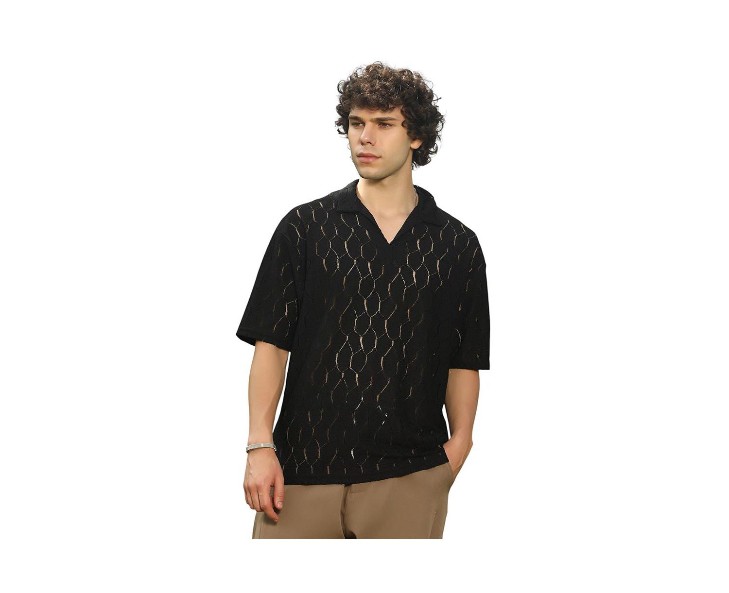 Men's Onyx Black Honeycomb-Knit Polo T-Shirt